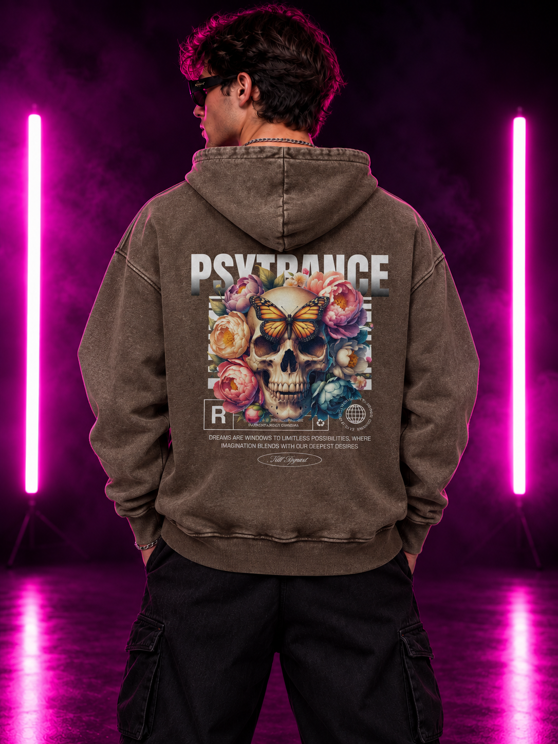 Psytrance Bloom Heavy Washed Oversize Hoodie für einen warmen Rave-Layer