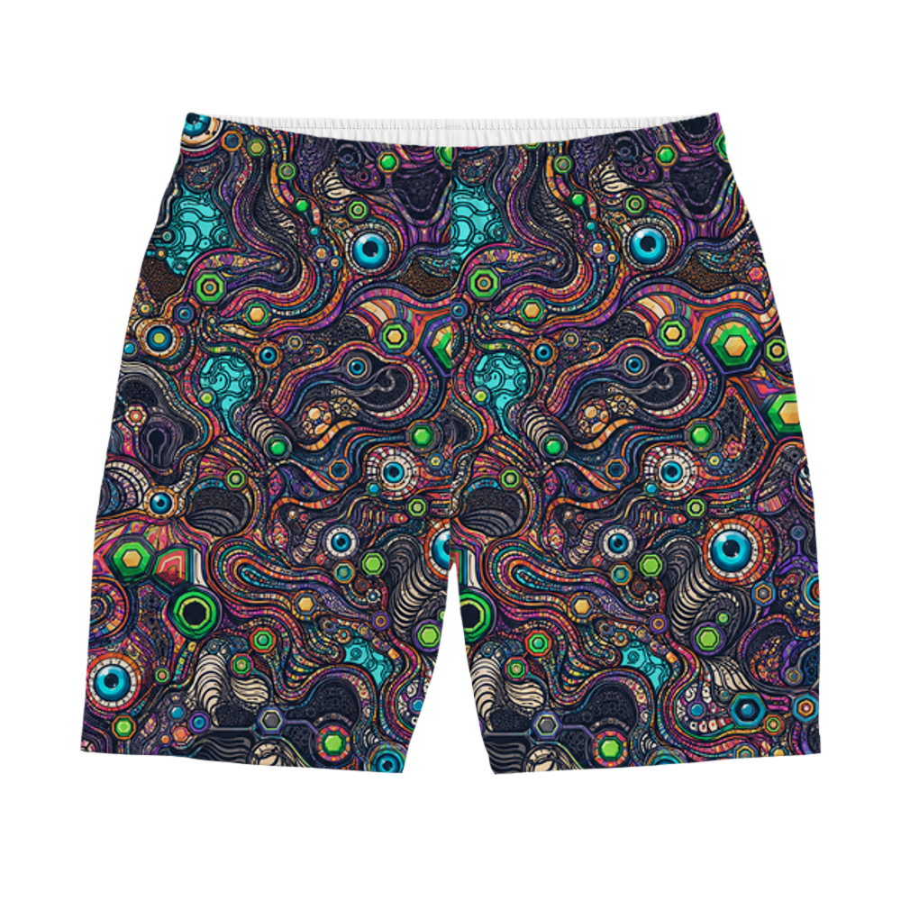 Psychedelic Circuit Allover Shorts von Flauschrausch mit psychedelischem Muster in Türkis, Grün, Pink und Orange auf dunklem Hintergrund.
