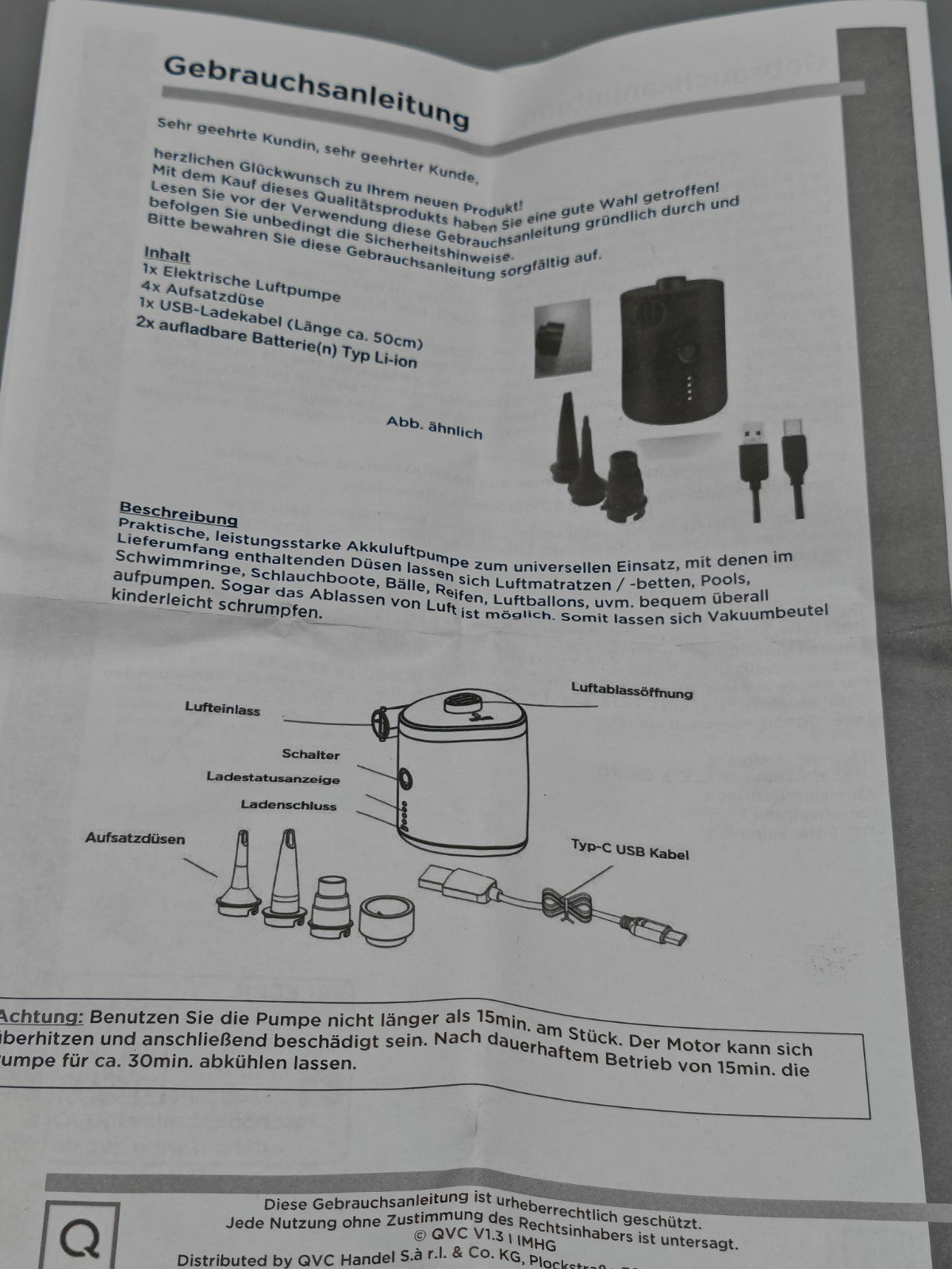 Elektrische Luftpumpe 4.000mAh 3,7V Wiederaufladbar Aufblasen & Ablassen inkl. Z