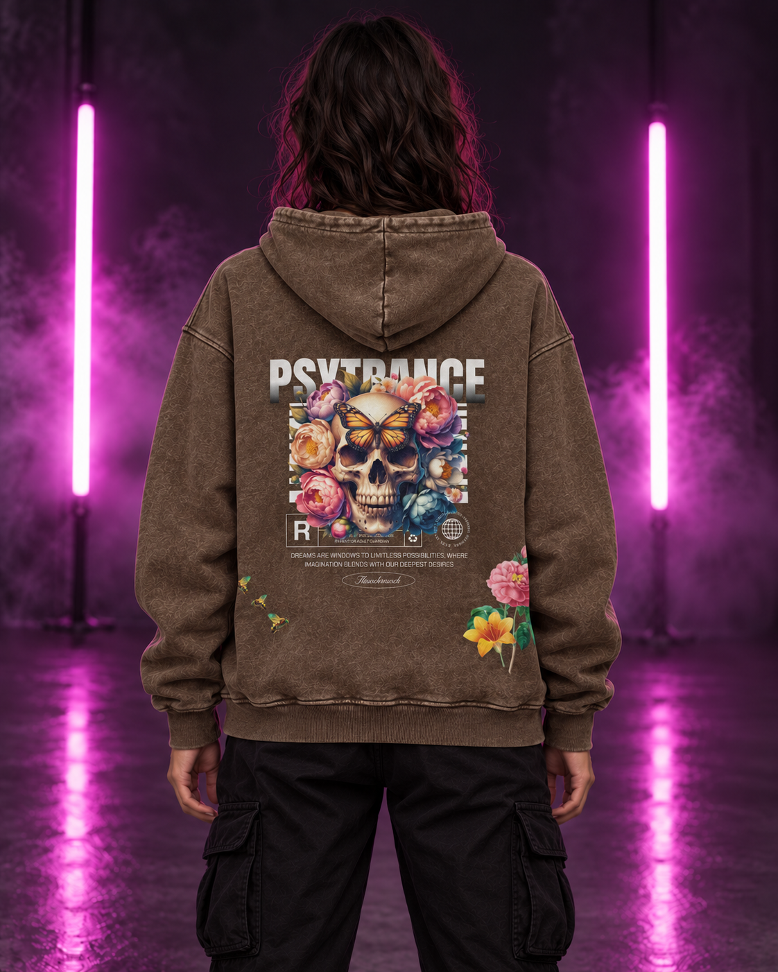 Psytrance Bloom – Heavy Washed Oversize Hoodie Braun