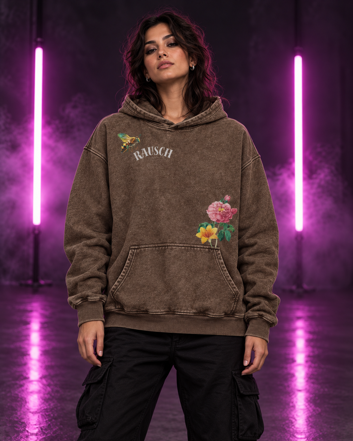Psytrance Bloom – Heavy Washed Oversize Hoodie Braun