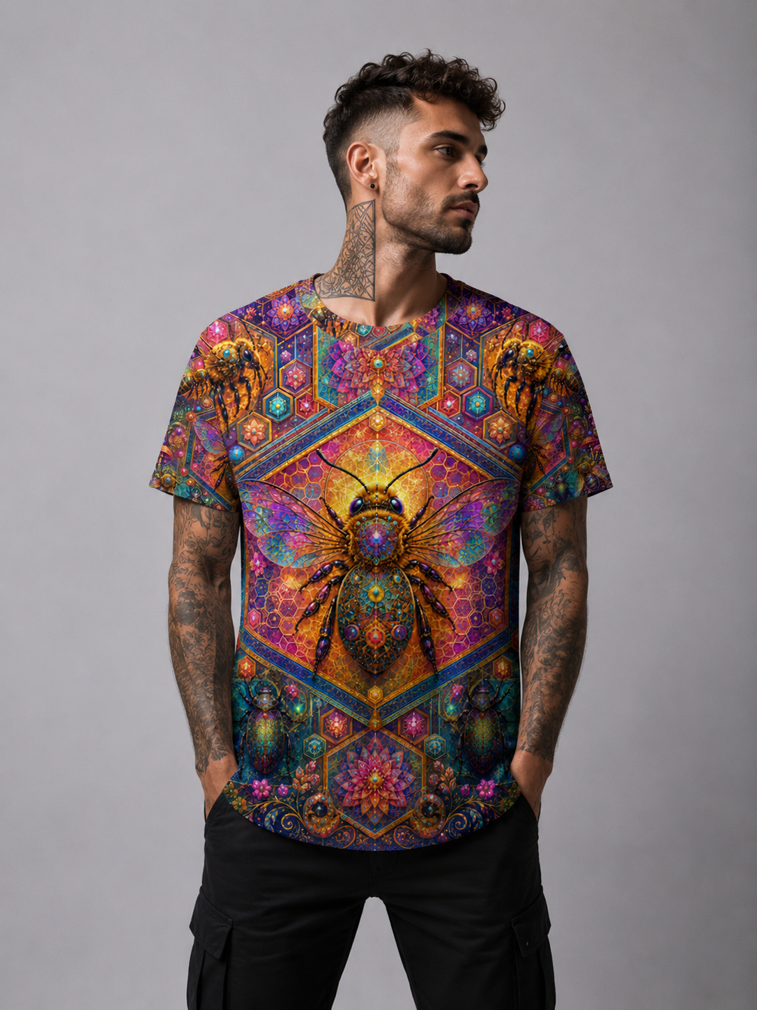 Bee Hexagon Allover Premium Festival Shirt Unisex