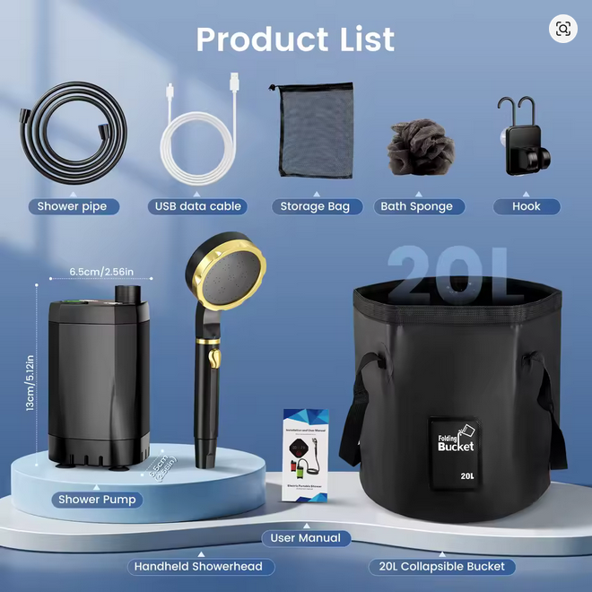 Tragbare Campingdusche mit Akku und 20 Liter Falt Eimer