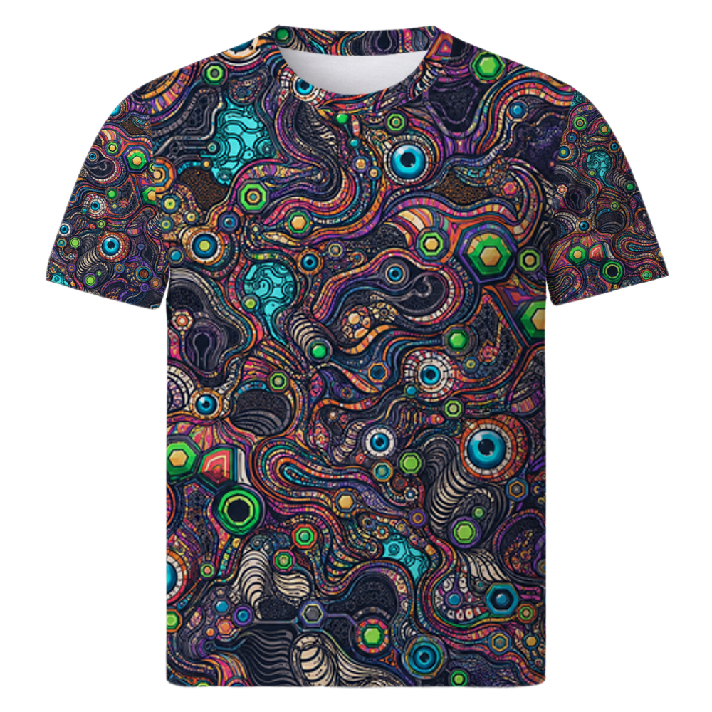 Psychedelic Circuit Allover T-Shirt von Flauschrausch mit bunten psychedelischen Mustern in Türkis, Grün, Pink und Orange auf dunklem Hintergrund.
