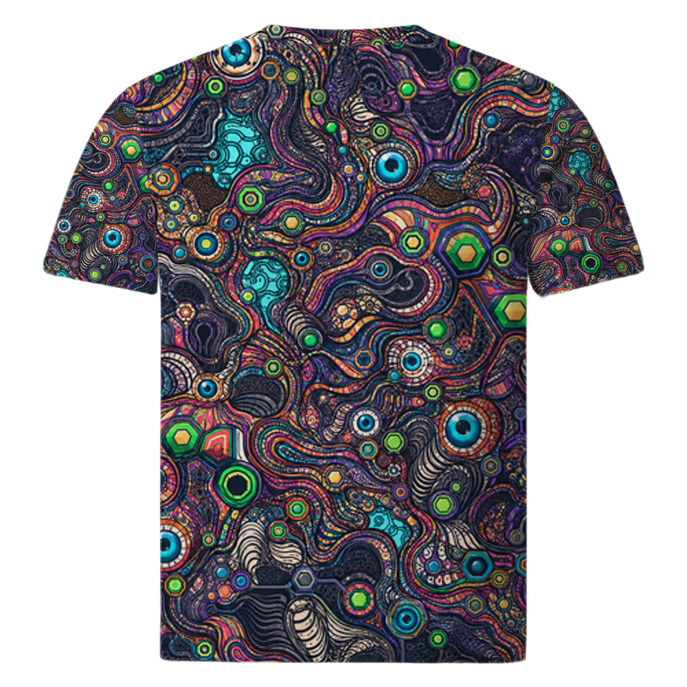 Rückansicht des Psychedelic Circuit Allover T-Shirts von Flauschrausch mit bunten psychedelischen Mustern in Türkis, Grün, Pink und Orange auf dunklem Hintergrund.