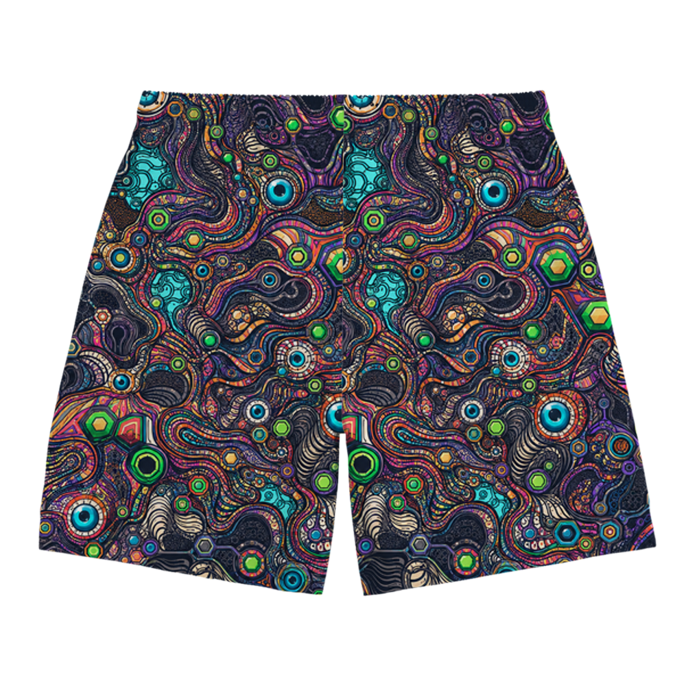Rückansicht der Psychedelic Circuit Allover Shorts von Flauschrausch mit psychedelischem Muster in Türkis, Grün, Pink und Orange auf dunklem Hintergrund.