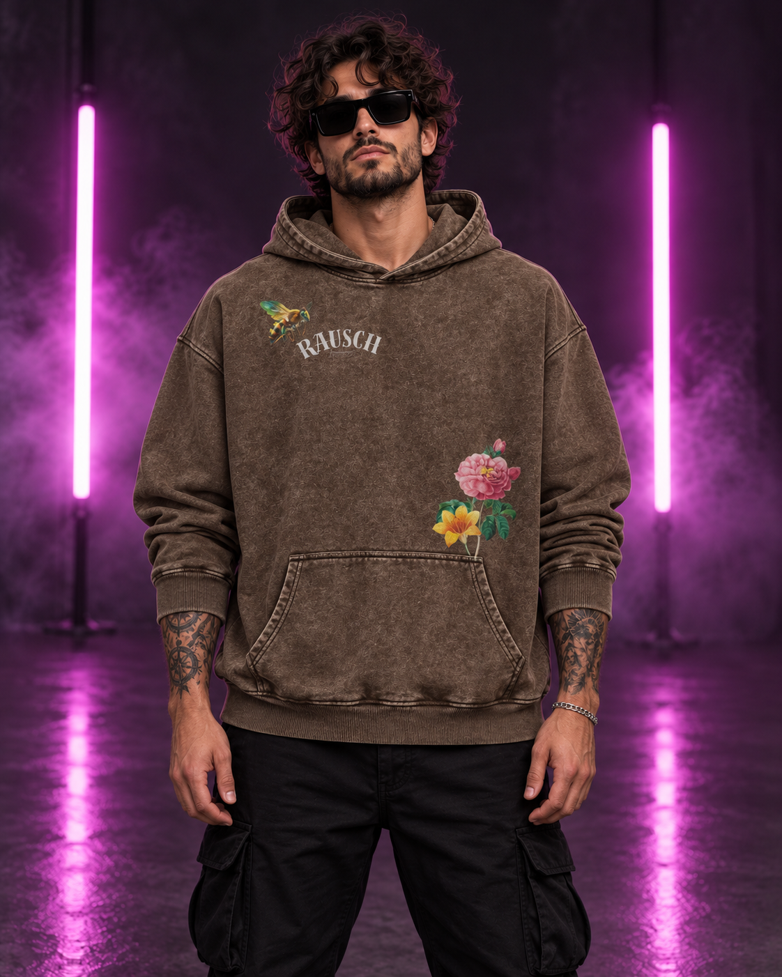 Psytrance Bloom – Heavy Washed Oversize Hoodie Braun