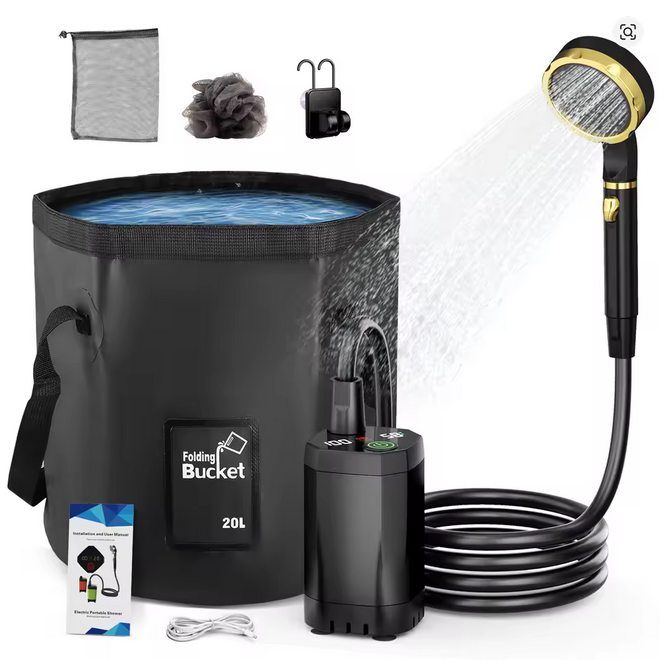 Tragbare Campingdusche mit Akku und 20 Liter Falt Eimer